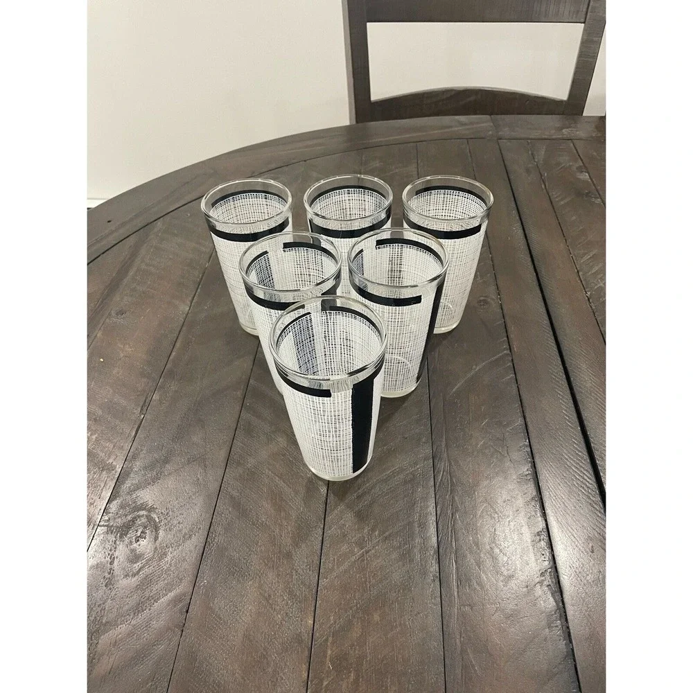 Vintage WHITE BURLAP 6 GLASSES‎ BLACK BORDER~11oz~BEVERAGE~TUMBLER Barware
